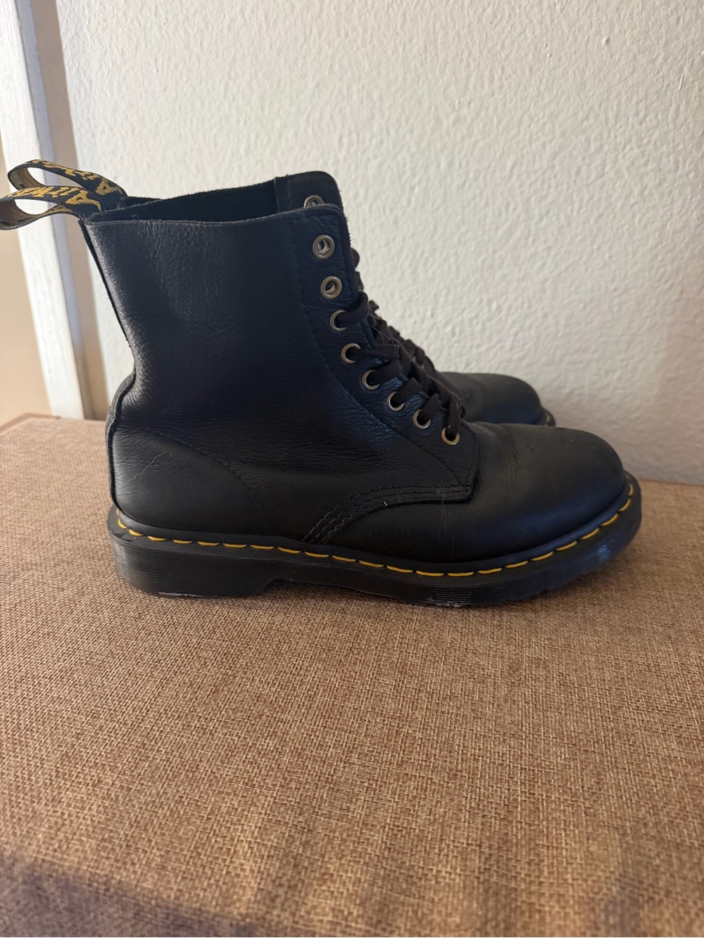Dr. Martens Black Leather Lace-Up Boots with Yellow Stitching